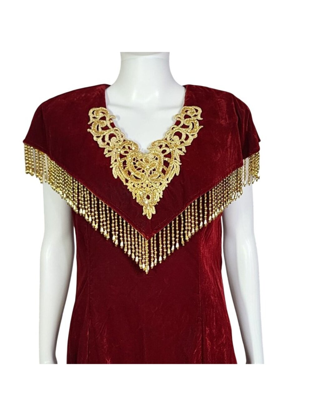 Vintage My Fashion USA Red Velvet Gown W/ Gold Beaded Fringe, Women's Medium
